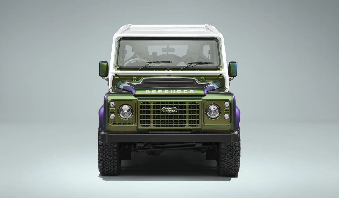 Land Rover Classic Defender V8 90 Soft Top, Spectral Green paint, front view, white roll cage and roof bars