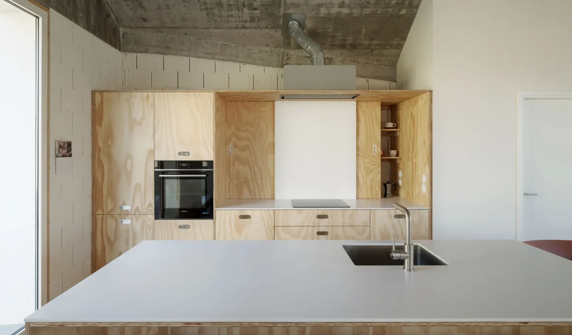 Cecebre House by Sinaldaba, Galicia, kitchen fully clad in pine plywood cabinetry, integrated oven, exposed concrete ceiling
