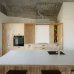 Cecebre House by Sinaldaba, Galicia, kitchen fully clad in pine plywood cabinetry, integrated oven, exposed concrete ceiling
