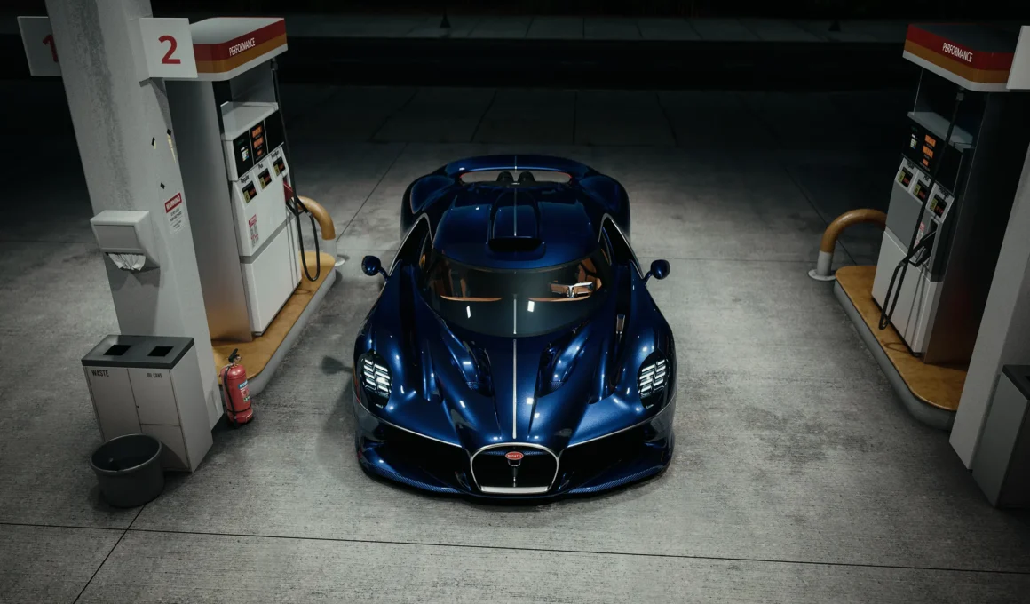 Bugatti Destrier, Programme Solitaire hypercar at a gas station, aerial front view. Images courtesy of Bugatti