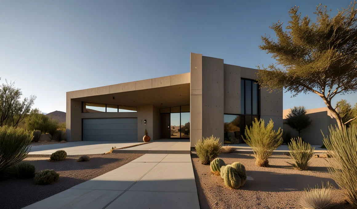 Cantilevered concrete roof casting deep shadow over a garage door on a desert home facade