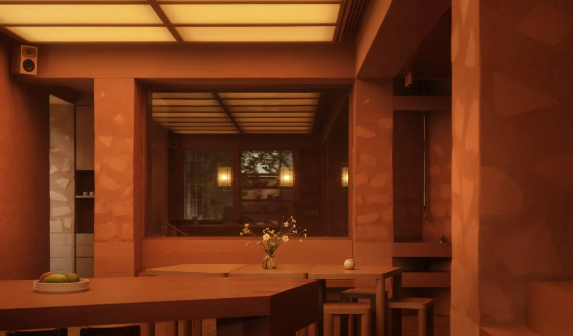 Cup of Joy, EBBA Architects, dining tables under opaque glass ceiling. Photography: Felix Speller
