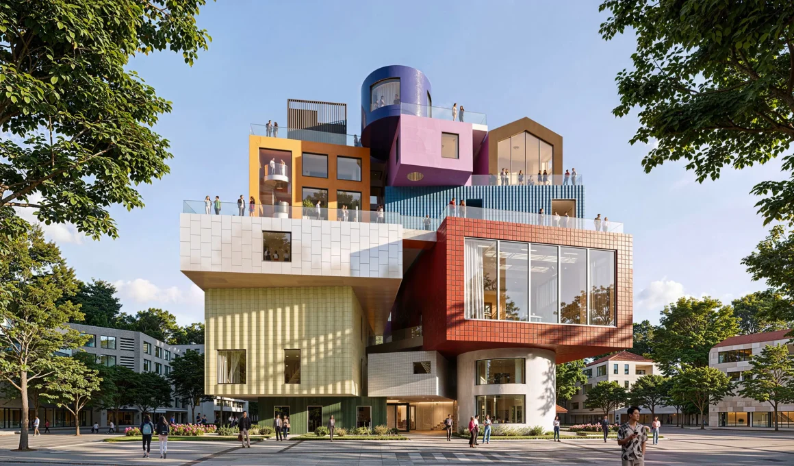 Bihailou Art Village by MVRDV — exterior view of stacked, individually coloured volumes above a public plaza in Shenzhen