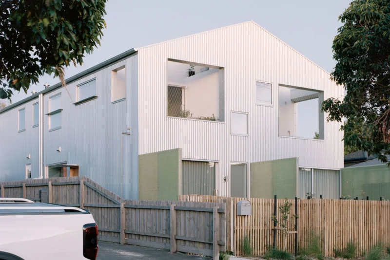 Shand Road townhouses by Ys Housing, Reservoir: Zincalume-clad exterior with semi-translucent FRP screens. Photo: Rory Gardiner