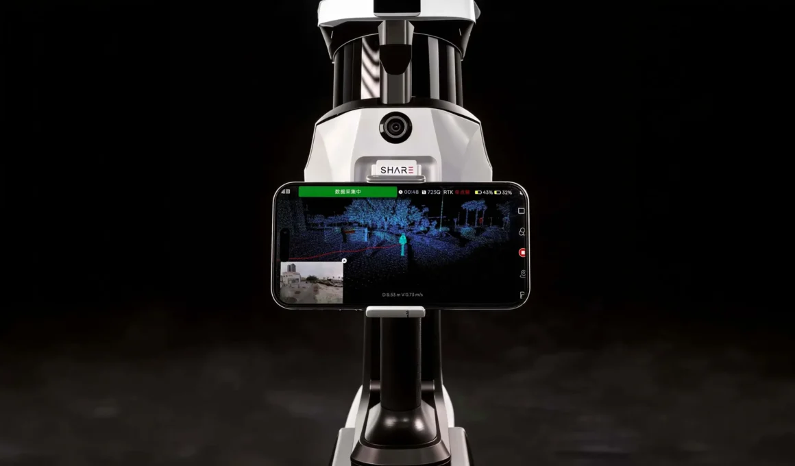 SHARE3DCAM C10-32 mobile LiDAR scanner with smartphone display showing live point-cloud data capture