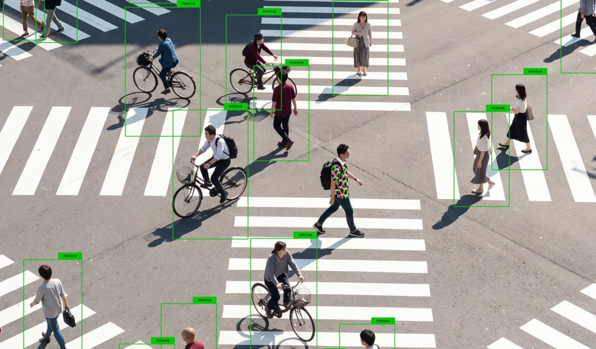 Generic AI object-detection demo at a busy crosswalk, showing "PERSON" bounding boxes around pedestrians — Photo: Simon Weckert