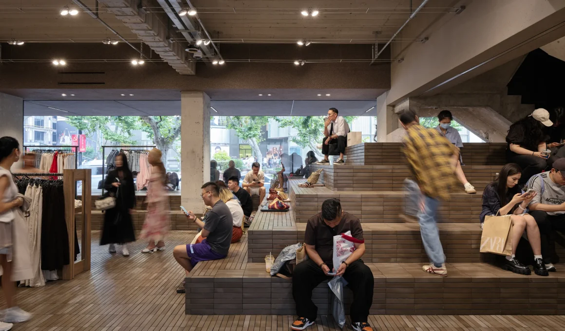 ZARA Huaihai Road by AIM Architecture: brick tiered podium seating inside the Shanghai flagship. Photo: Seth Powers