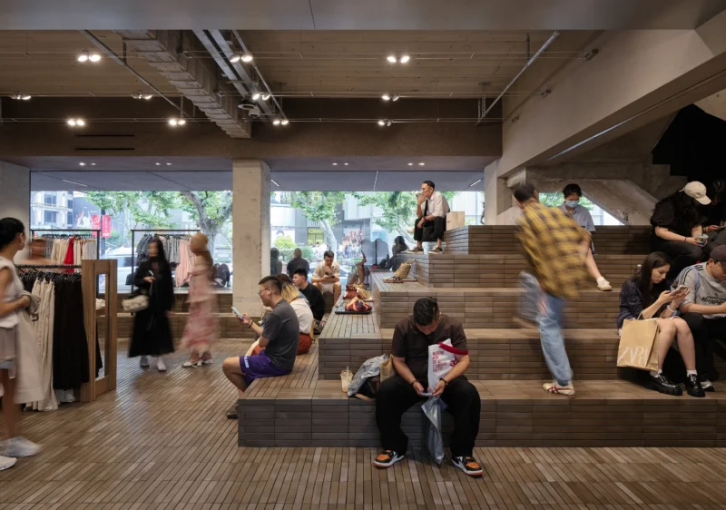 ZARA Huaihai Road by AIM Architecture: brick tiered podium seating inside the Shanghai flagship. Photo: Seth Powers