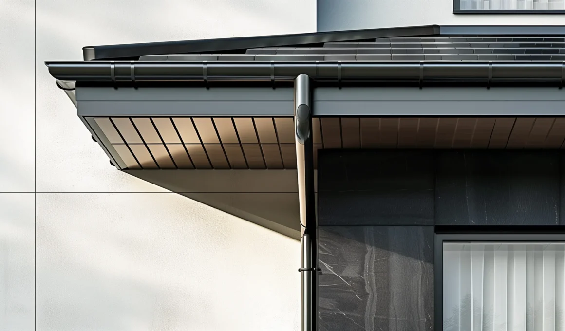 Aluminium guttering integrated into a dark modern facade with concealed downpipe
