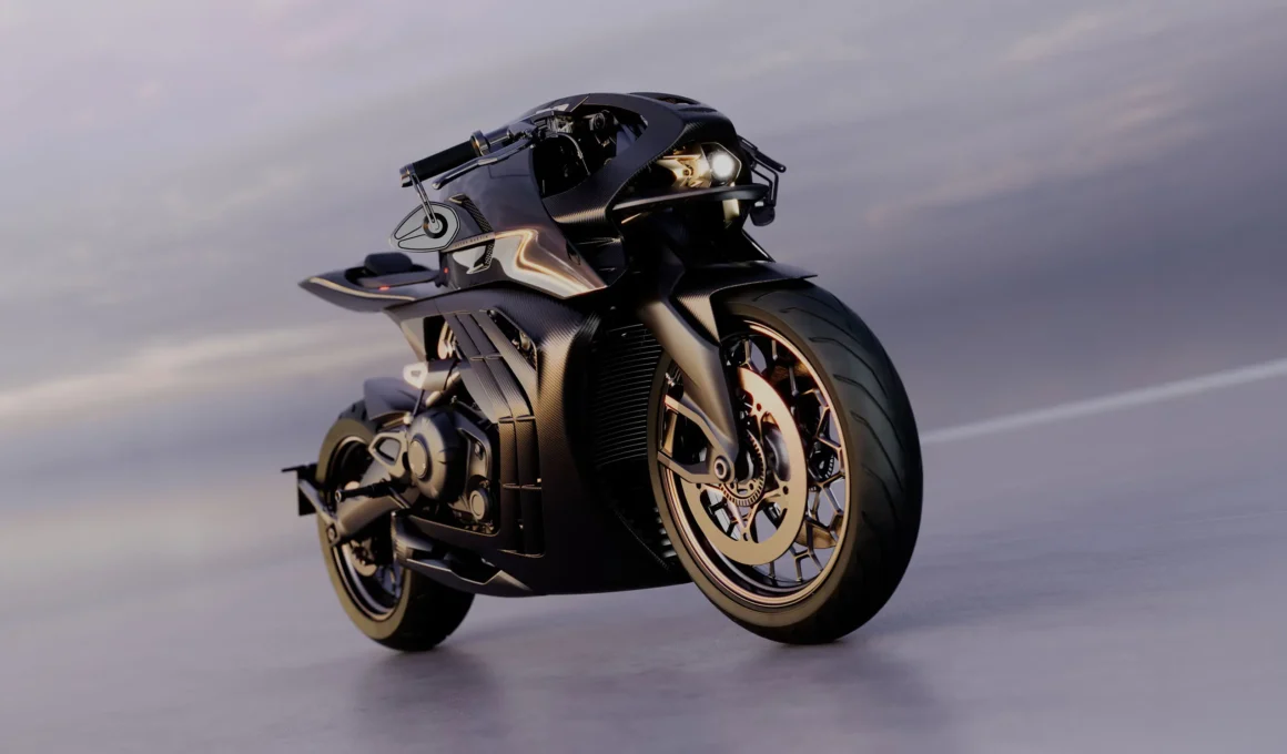 AMB 002 Roadster by Aston Martin and Brough Superior, front three-quarter view with carbon fiber bodywork and gold-finish wheels