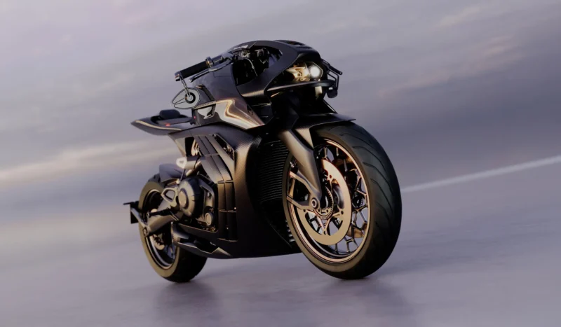 AMB 002 Roadster by Aston Martin and Brough Superior, front three-quarter view with carbon fiber bodywork and gold-finish wheels