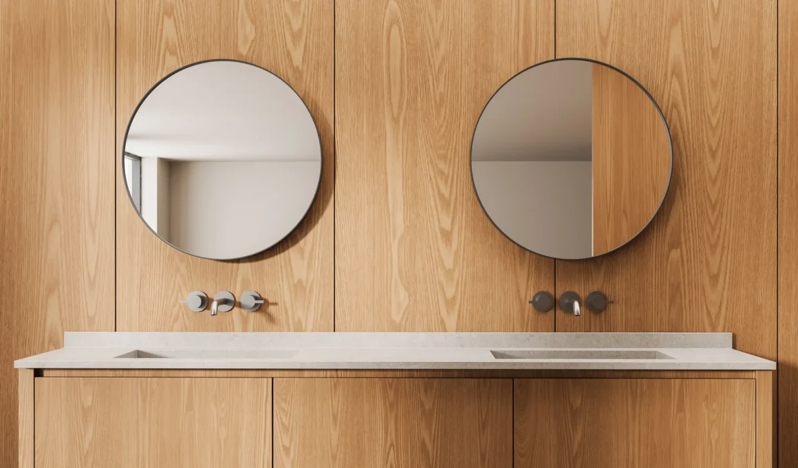 Double vanity with wall-mounted faucets, integrated stone basins, and continuous oak panelling concealing the plumbing behind the wall
