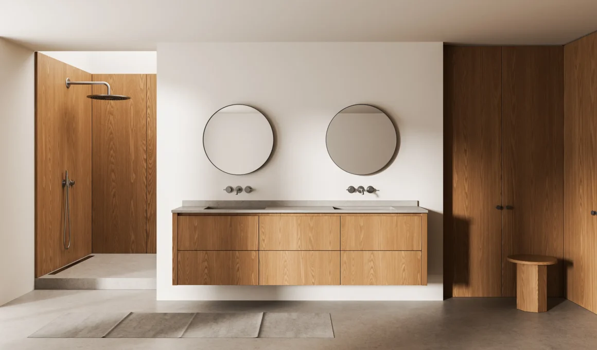 Bathroom with wall-mounted faucets, floating oak vanity, and a walk-in shower with linear drain set behind a partition wall