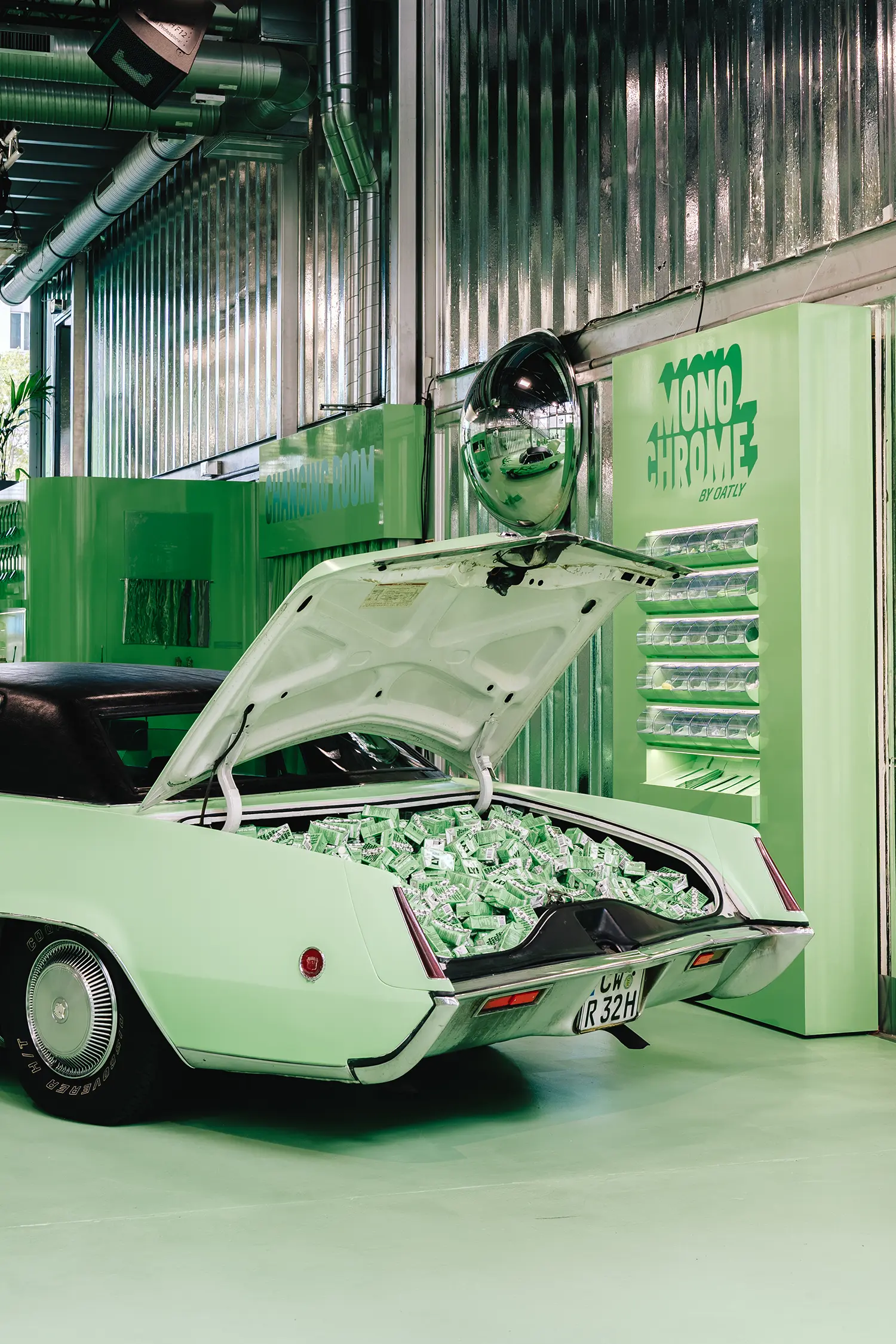Vintage car with trunk full of Oatly Matcha cartons at Monochrome by Oatly by Cee Cee Creative. Photo: Aditya Christian, Mohit Amlani