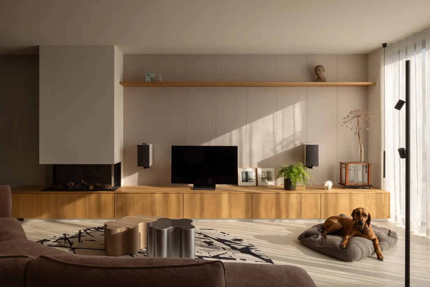 Oak fireplace and media unit inside the renovated Rear House, DP6 architectuurstudio, Delft