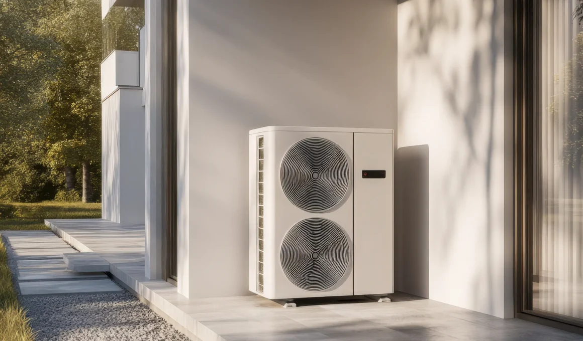 White air-to-water heat pump outdoor unit mounted against a rendered exterior wall in a home renovation