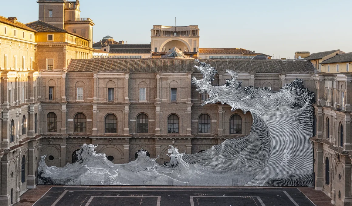 Diluvium by JR at the Vatican Apostolic Library, black-and-white wave installation spanning the facade on the Belvedere Courtyard
