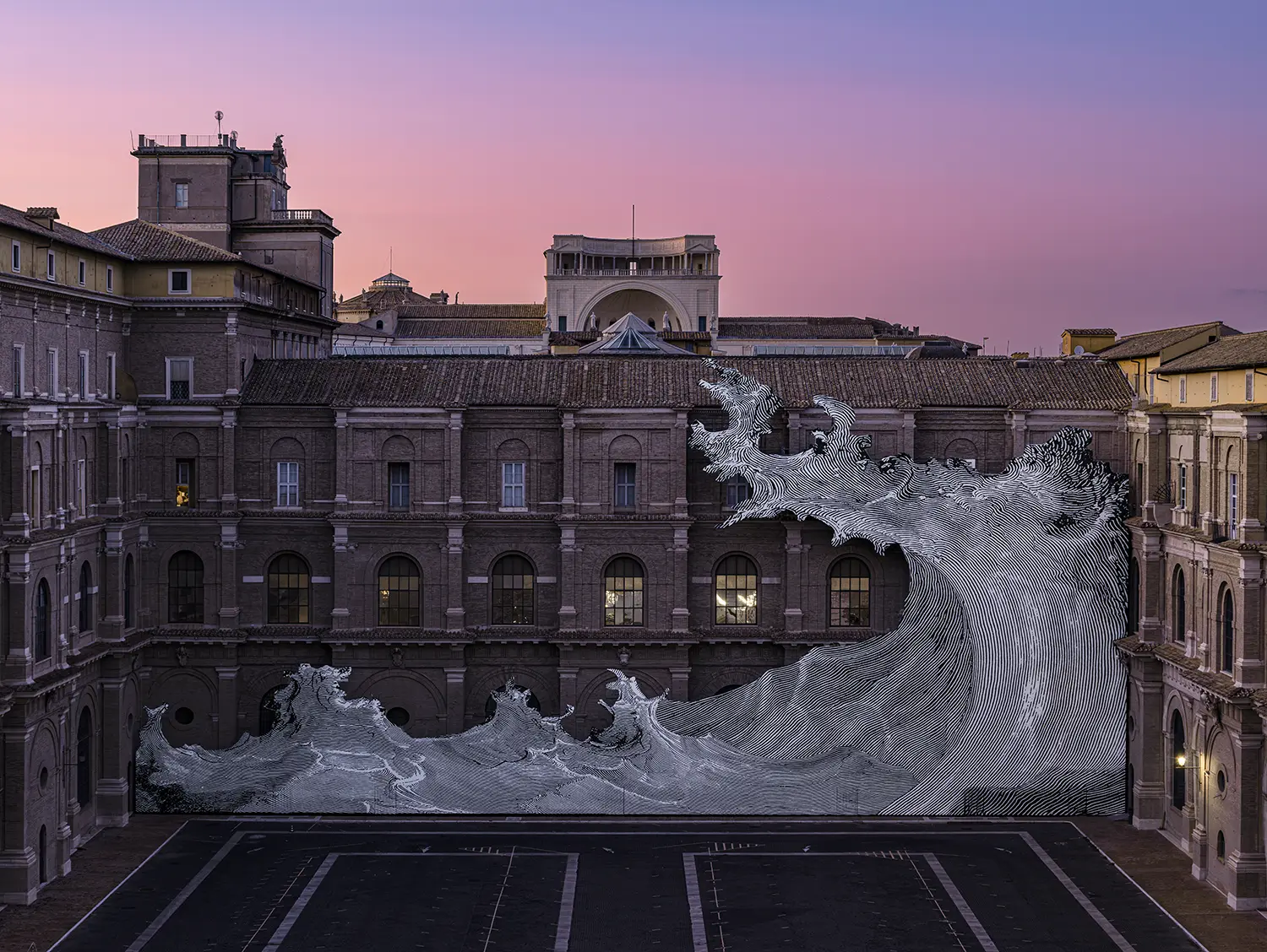 JR's Diluvium wave installation on the Vatican Apostolic Library facade at dusk, with lit windows above the Belvedere Courtyard