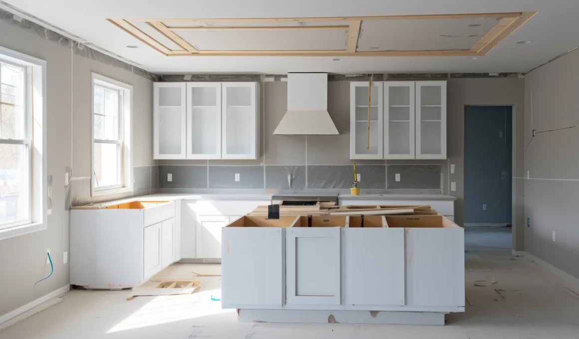 Kitchen renovation in progress with unfinished walls, open ceiling framing, and base cabinets installed before finish plumbing and countertops