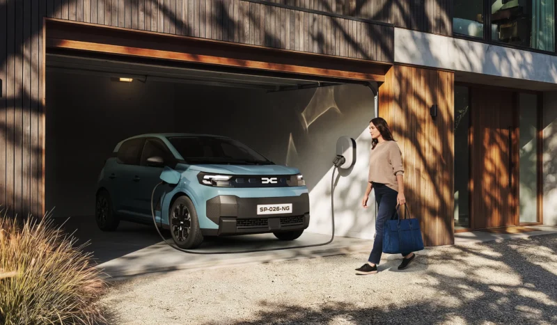 New Dacia Spring in Agave blue charging from a wallbox in a wooden garage, front three-quarter view