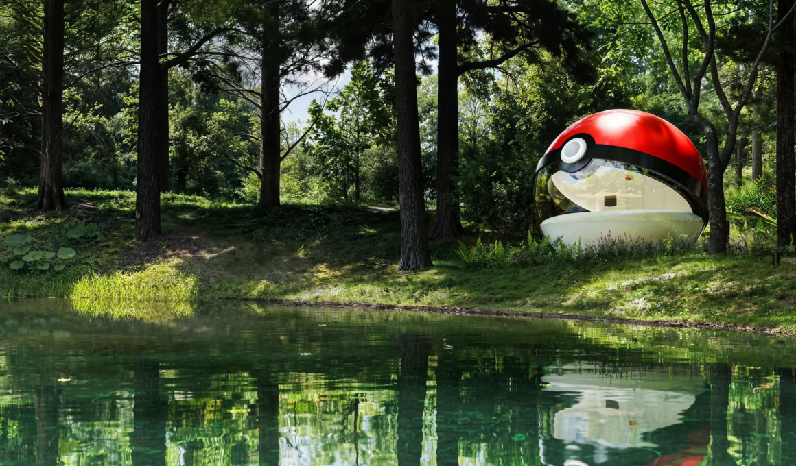 Poké Ball-Themed Hotel by NOT A HOTEL ARCHITECTS, red and white acrylic sphere with curved window beside a forest lake in Tomakomai, Hokkaido