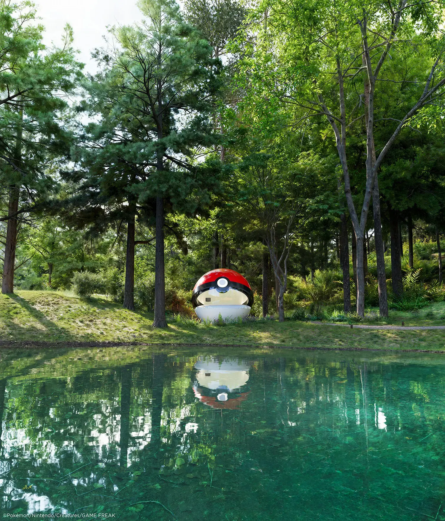 Rendering of the Poké Ball-Themed Hotel by NOT A HOTEL ARCHITECTS set among trees on the grassy bank of a lake in Hokkaido
