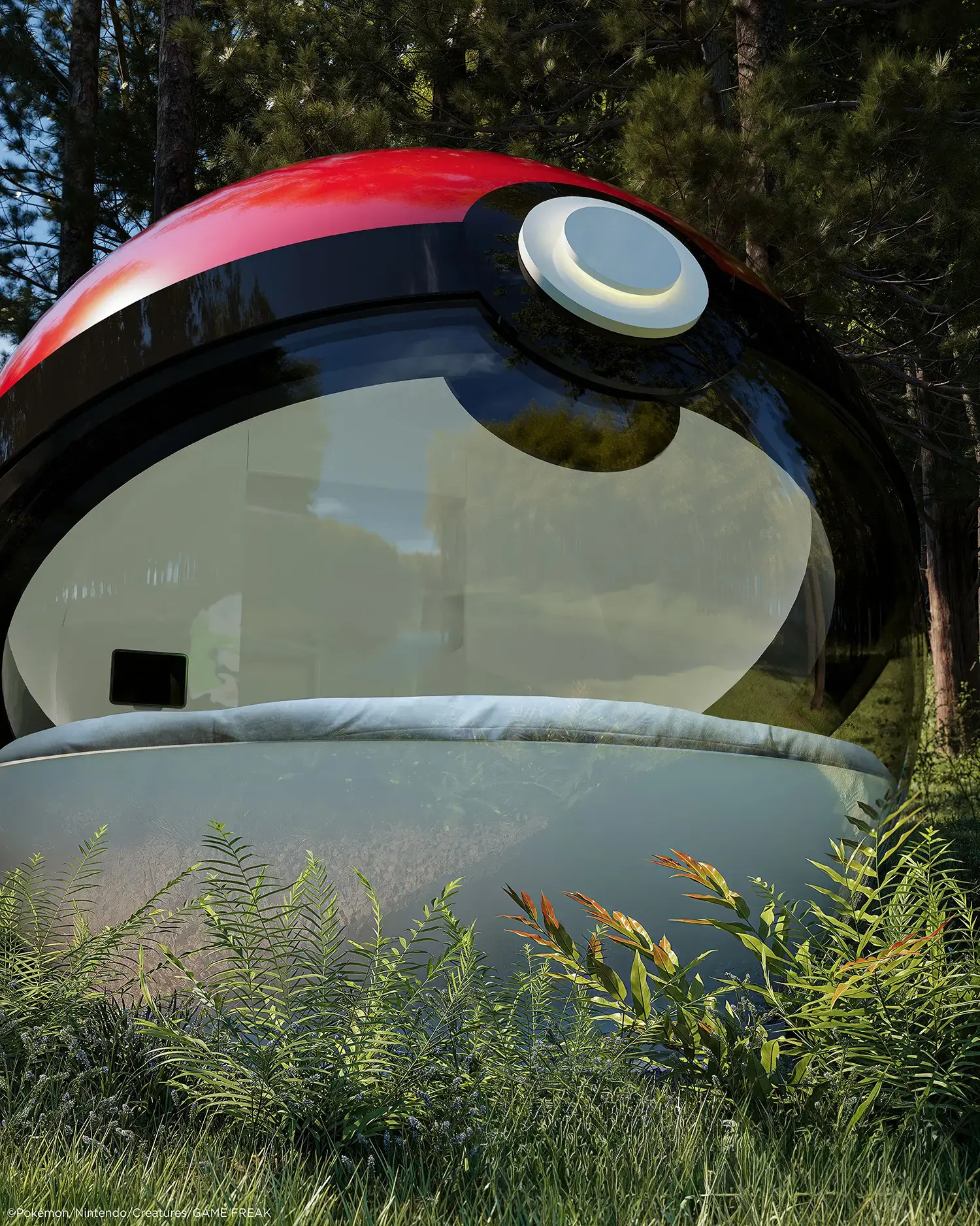 Close-up of the Poké Ball-Themed Hotel by NOT A HOTEL ARCHITECTS, black band, button and curved window above the circular bed