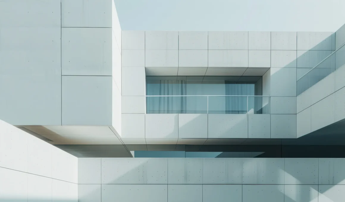 Minimalist concrete building facade with cantilevered volumes and recessed glazed balcony