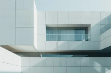 Minimalist concrete building facade with cantilevered volumes and recessed glazed balcony