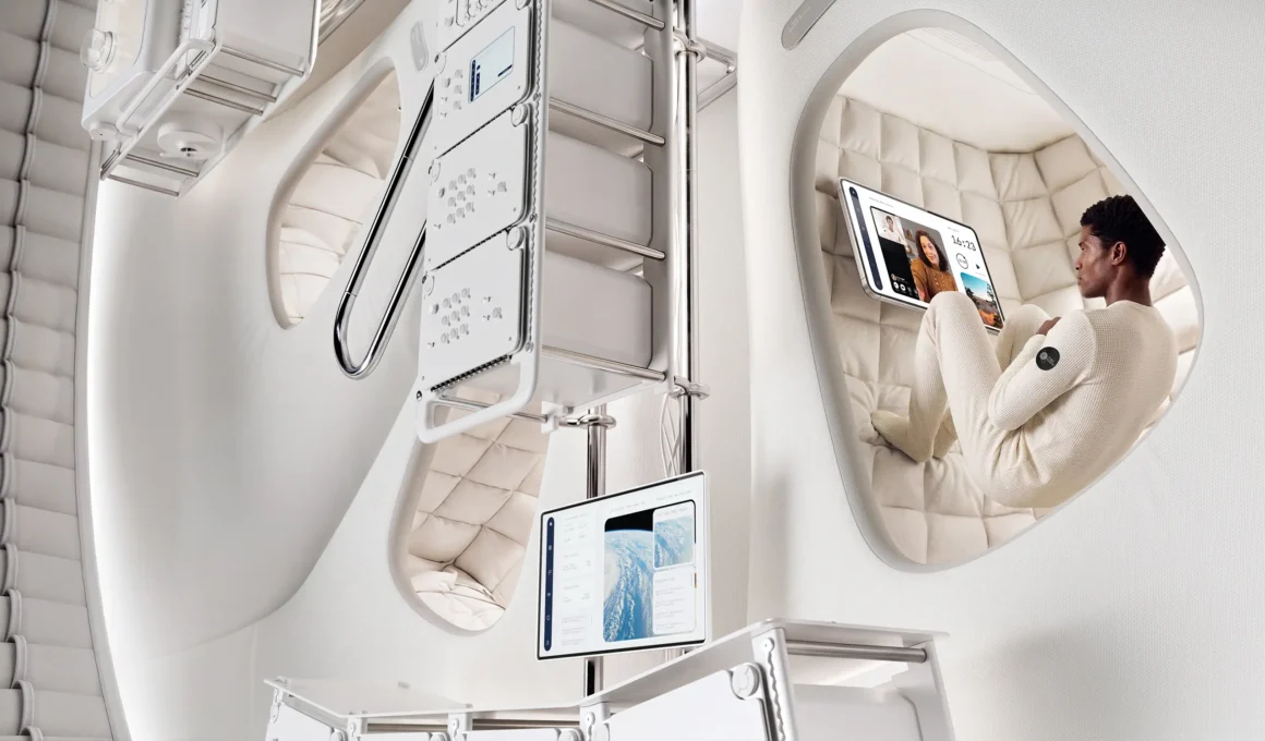 Thunderbird Space Station by OMI for Max Space, crew member in padded textile sleeping cocoon with screen, beside modular racks