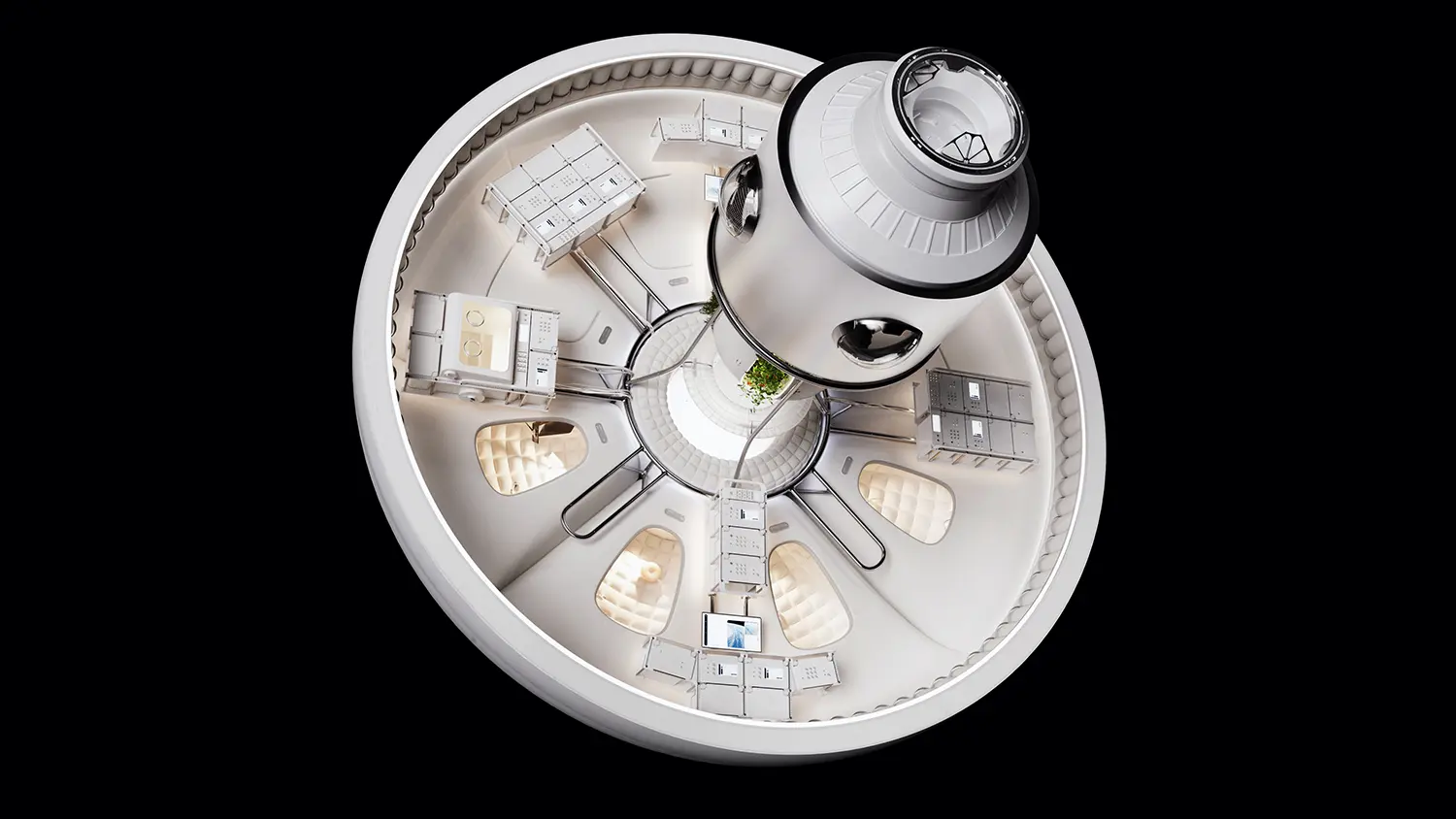 Cut-away overview of Thunderbird Space Station by OMI for Max Space, radial layout with racks, cocoons and central core