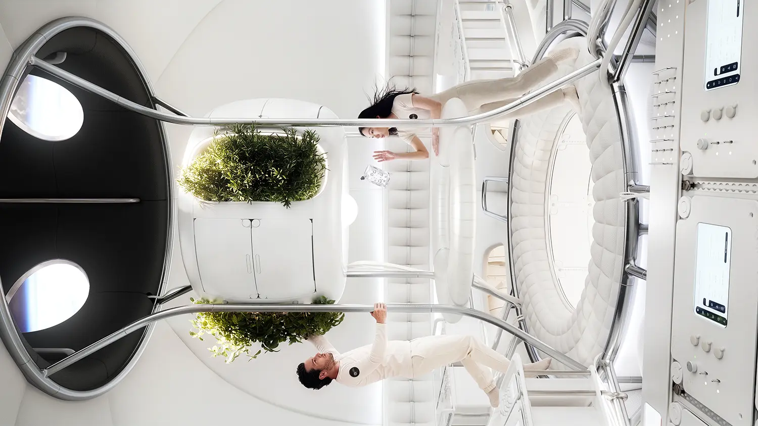 Thunderbird Space Station by OMI for Max Space, two crew members floating around a planter unit with handrails and windows