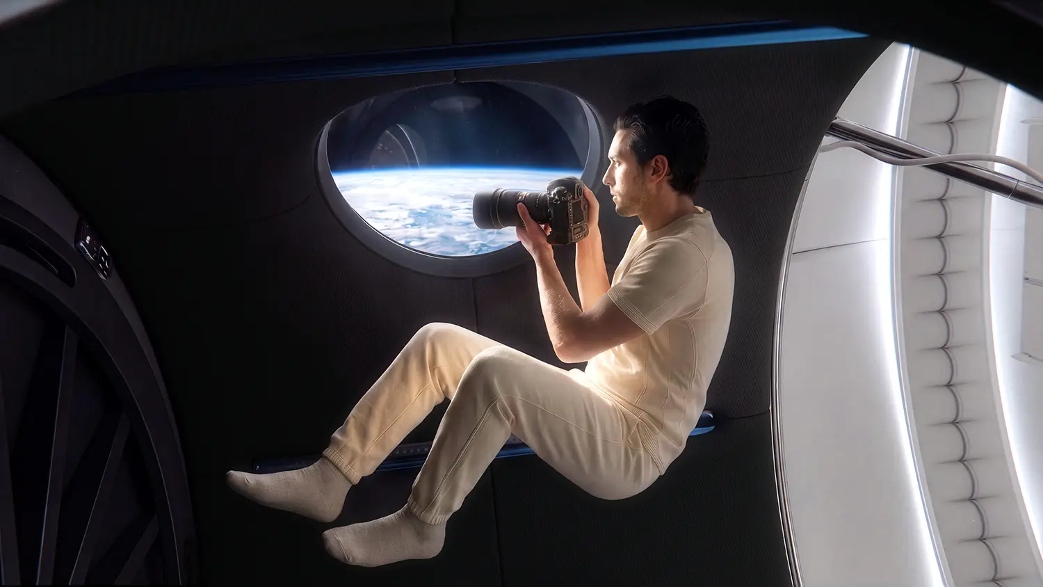 Thunderbird Space Station by OMI for Max Space, crew member photographing Earth through a window in a dark padded space
