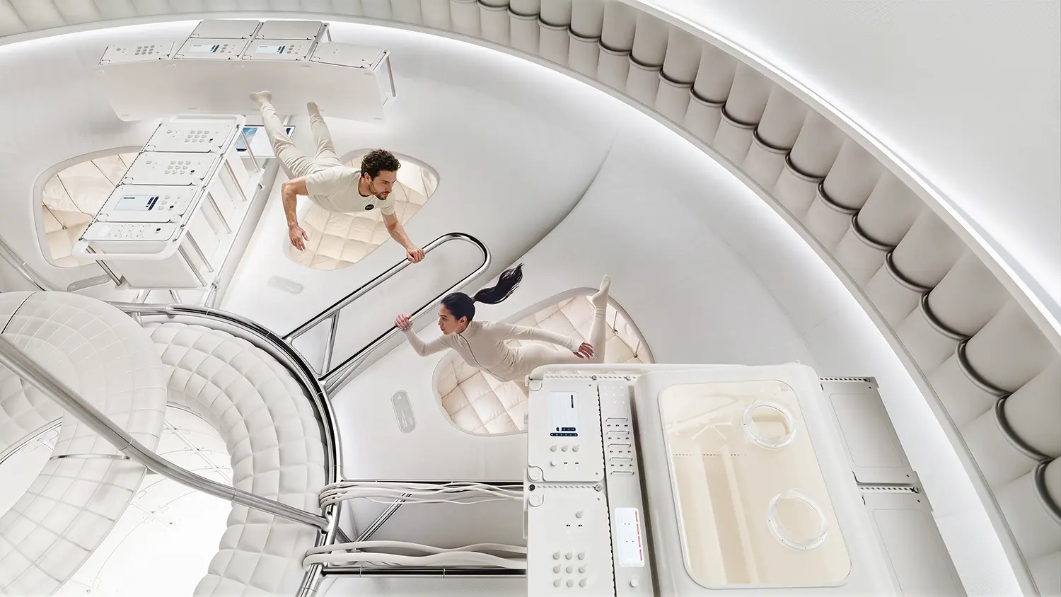 Thunderbird Space Station by OMI for Max Space, two crew members using handrails between sleeping cocoons and experiment racks