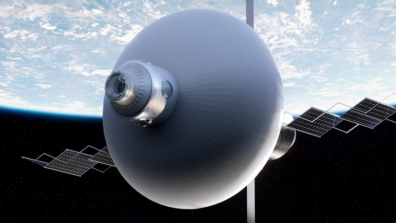 Exterior render of Thunderbird Space Station by OMI for Max Space, expanded habitat with solar arrays in orbit above Earth
