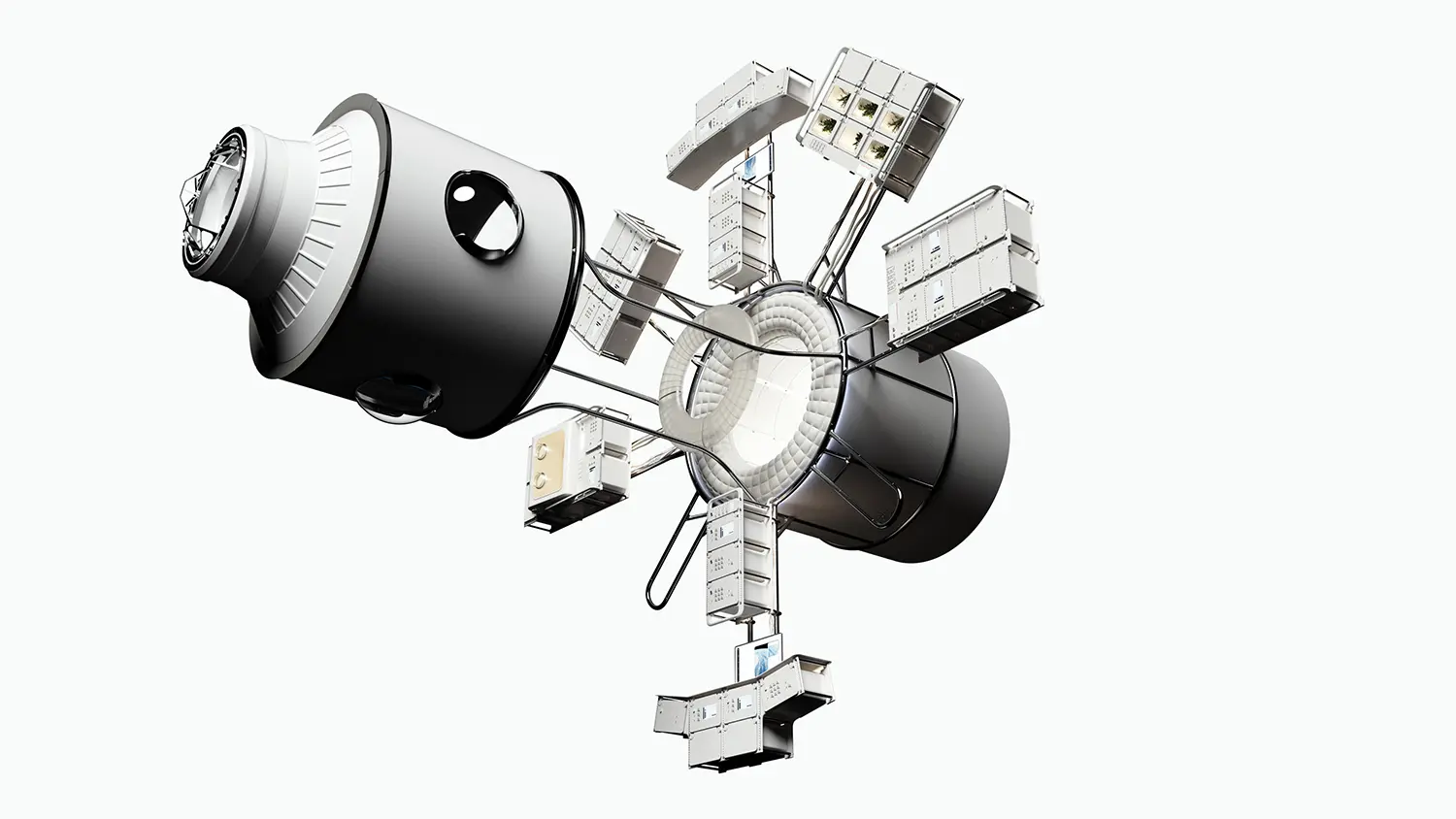 Exploded view of Thunderbird Space Station by OMI for Max Space, experiment racks on tubular frame around a central core