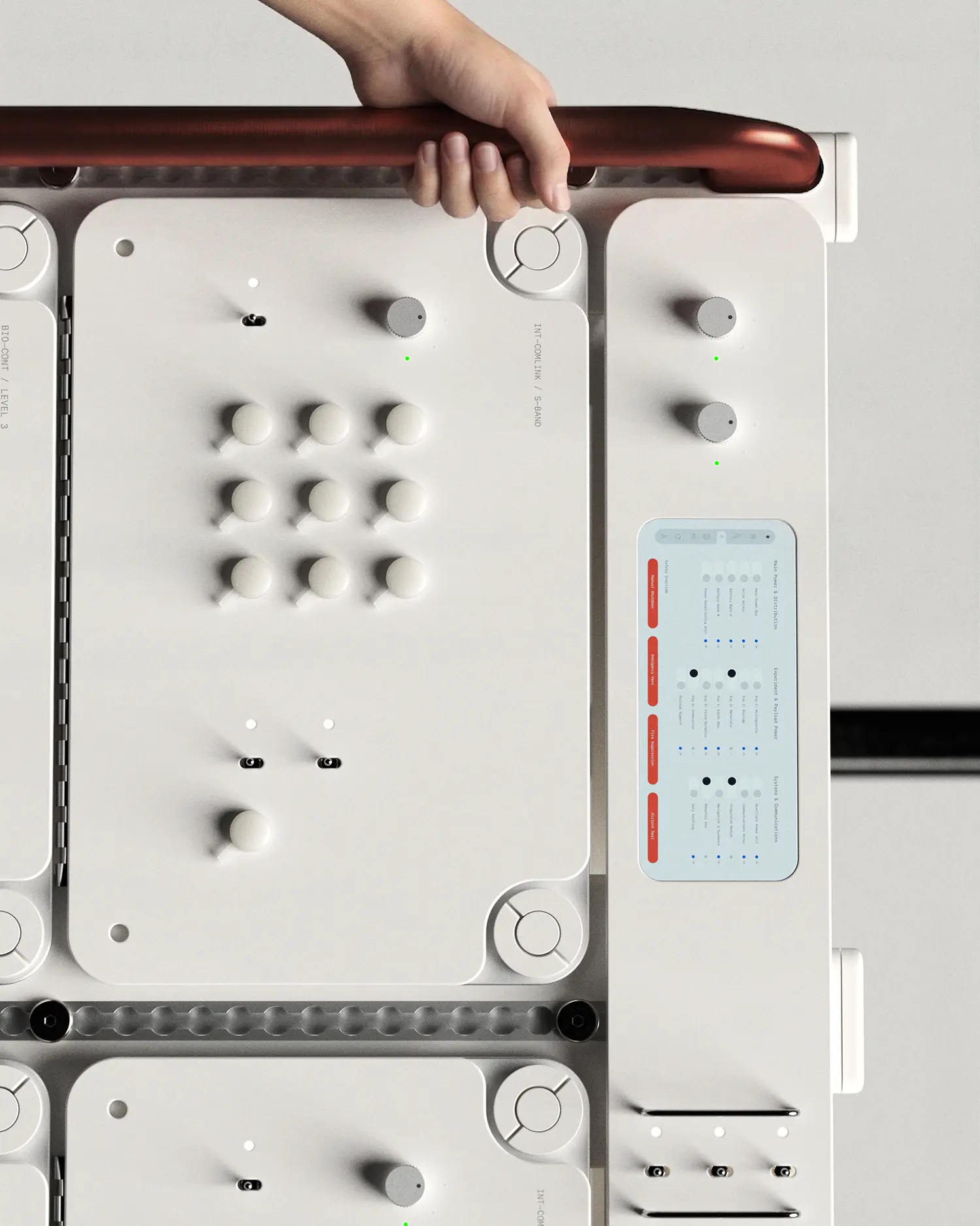 Thunderbird Space Station by OMI for Max Space, close-up of experiment rack panel with knobs, touchscreen and red grab bar