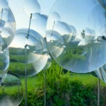 Eccentric Lenses by Vincent Leroy, overlapping circular Fresnel lenses on slim vertical supports above rice terraces in Munduk, Bali