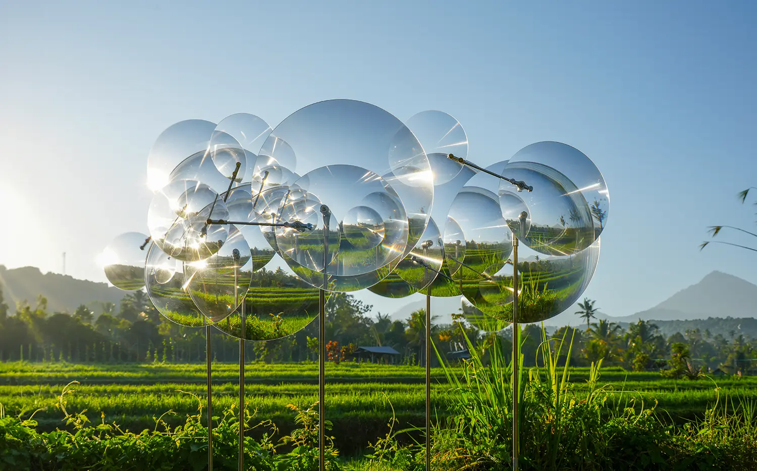 Eccentric Lenses by Vincent Leroy backlit by low sun, Fresnel lens discs grouped on vertical stems over rice fields, Munduk, Bali
