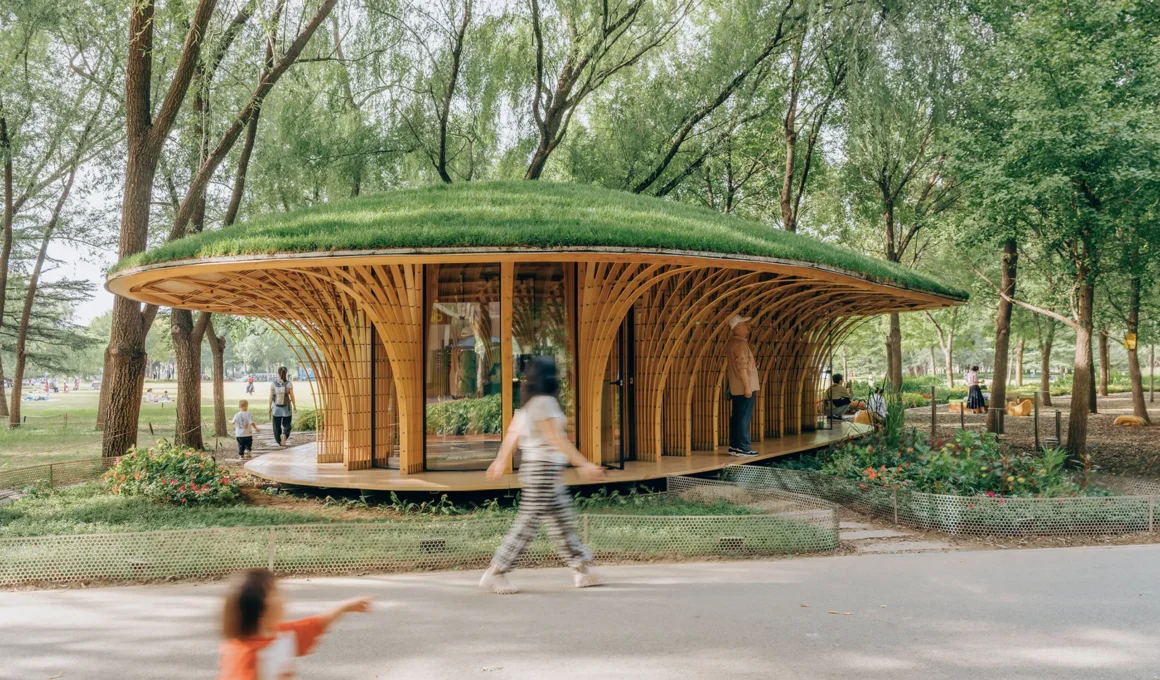 West Garden Florist by LUO studio: timber slat pavilion with planted roof and wide eaves in Haidian Park. Photo: Jin Weiqi, Zhu Yumeng