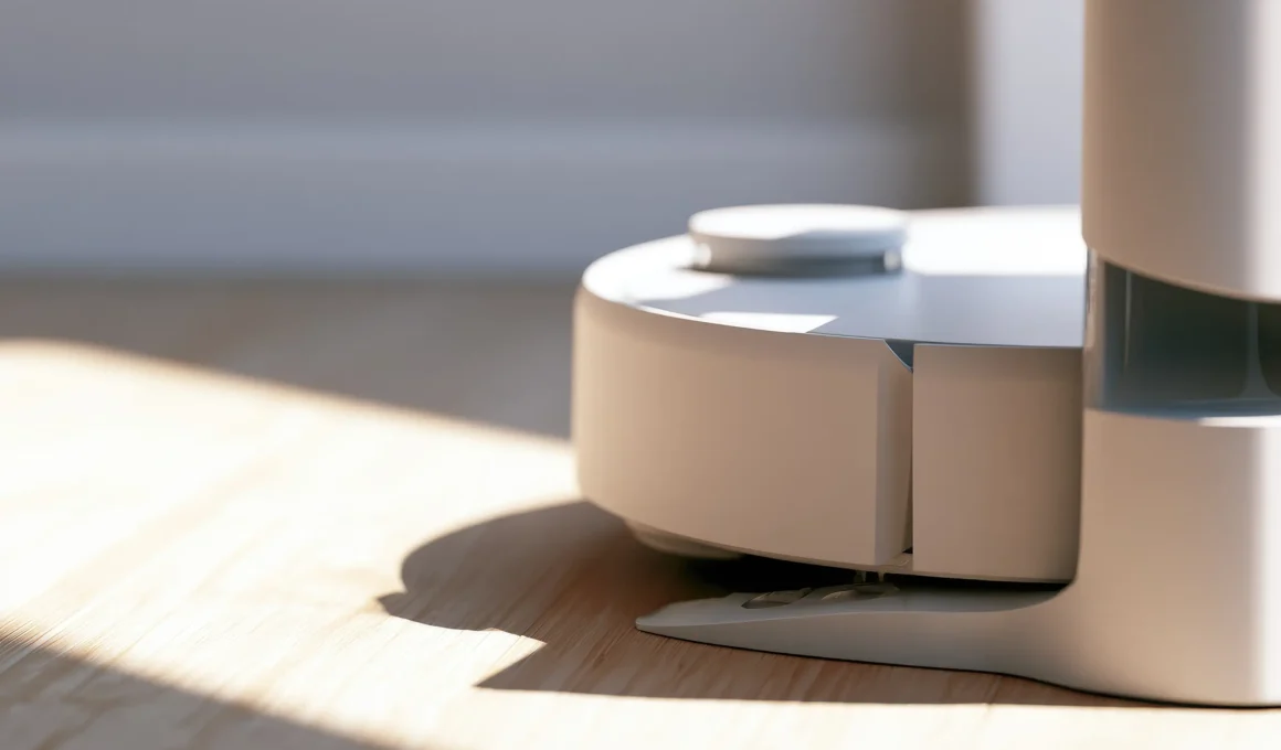 White robot vacuum parked in its docking station on a light wood floor, raking sunlight casting a sharp shadow across the boards