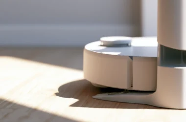 White robot vacuum parked in its docking station on a light wood floor, raking sunlight casting a sharp shadow across the boards